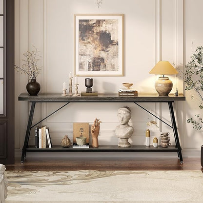 Homieasy 70.9 Inch Console Table, Industrial Sofa Table Behind Couch with Charging Station & Storage Shelf, Entryway Table for Living Room & Entryway, Grey
