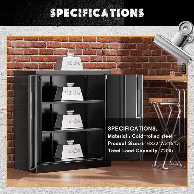 Greenvelly 36" H x 32" W x 16" D Black Metal Storage Cabinet with 2 Locking Doors and 2 Adjustable Shelves, Ideal for Home Office, Garage