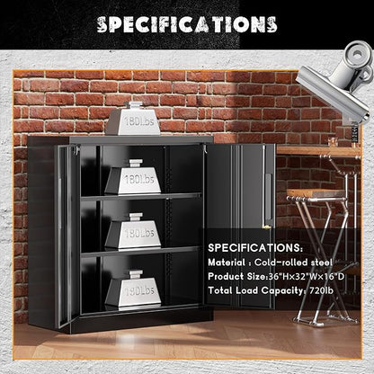 Greenvelly 36" H x 32" W x 16" D Black Metal Storage Cabinet with 2 Locking Doors and 2 Adjustable Shelves, Ideal for Home Office, Garage