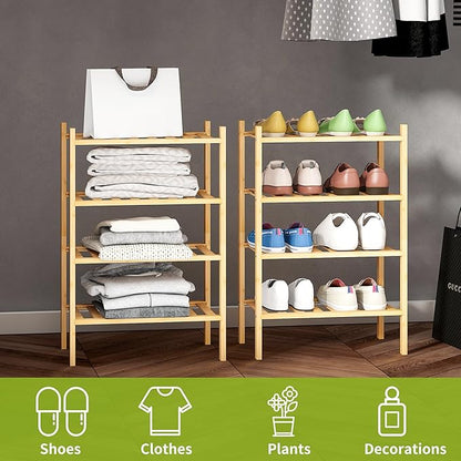 BMOSU 4-Tier Bamboo Small Shoe Rack Premium Stackable Shoe Shelf Storage Organizer for Hallway Closet Living Room Entryway Organizer (Natural Bamboo)