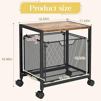 JKsmart Printer Stand with Sliding Drawer, Under Desk File Cabinet with Caster Wheels,Rolling File Cart, 2 Tier Industrial Storage Shelf, Sofa Side Table Organizer for Home, Office, Brown