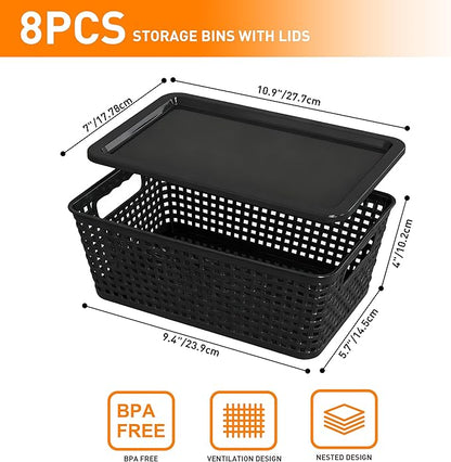 Plastic Storage Baskets With Lid, Storage Bins for Organizing, Stackable Decorative Containers for Shelves Drawers Desktop Closet Playroom Classroom Office, 8 Pack-Black