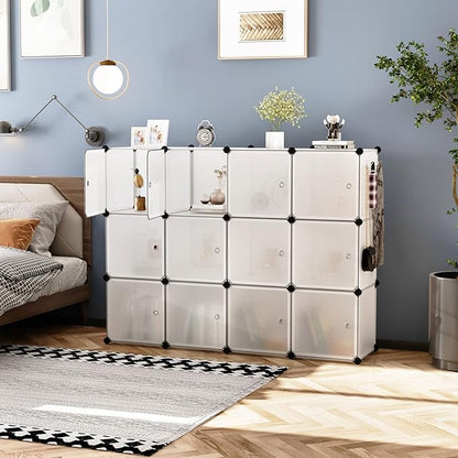 C&AHOME Cube Storage Organizer with Doors, 12-Cube Shelves, Closet Cabinet, DIY Plastic Modular Bookshelf Ideal for Bedroom, Living Room, 36.6”L x 12.4”W x 48.4”H Transparent White USHS3012W-DOOR