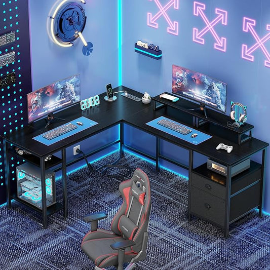 Furologee 59” L Shaped Desk with Power Outlet, Reversible Computer Desk with File Drawer & 2 Monitor Stands, Corner Home Office Table with Storage Shelves for Gaming Writing, Black