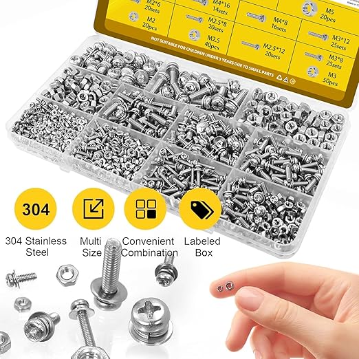 640PCS Machine Screws Assortment Kit, M2 M2.5 M3 M4 M5 Phillips Pan Head Bolts and Nuts Assorted Set, 304 Stainless Steel Metric Combination Screw with Fixed Washers (All-in-One Design)