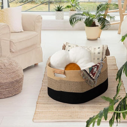danpinera Large Woven Basket, 108L Large Blanket Basket for Living Room, Nursery, Cotton Woven Hamper for Toy Organizing & Laundry, 25’’*16’’*16’’ Gradient Linen