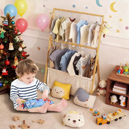 Kids Clothing Rrack- Kids Dress Up Rack for Little Girls, Bamboo Kids Clothes Rack, Toddler Dress Up Storage Rack & Folding Costume Rack, Double Rods, Pets Clothes Rack with Storage, Spot