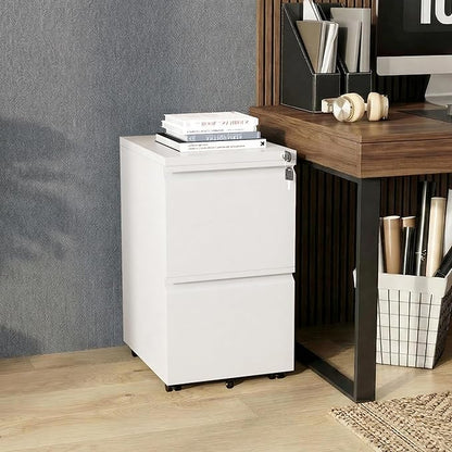 Bonusall 2-Drawer Metal File Cabinet with Lock - Mobile Filing Cabinet for Letter/A4 Size, Under Desk Office Storage Organizer with Wheels, Easy Assembly, High Capacity, White