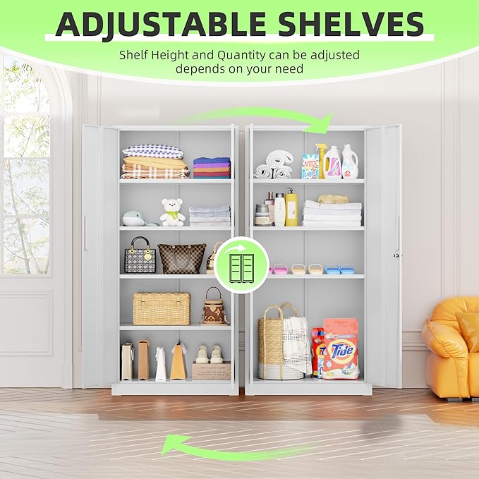 SUNCROWN 72" Metal Storage Cabinet - Heavy-Duty Metal Garage Cabinet with 4 Adjustable Shelves & 2 Doors for Tools, Office, Home, Workshop,White-Small