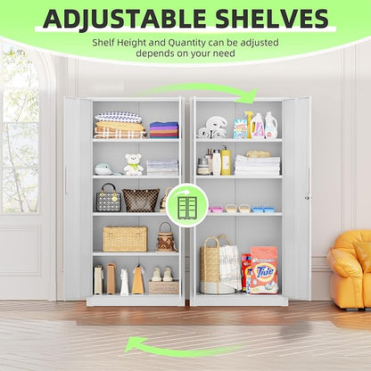 Bonusall 72" Metal Garage Storage Cabinet, 2 Locking Doors & 4 Adjustable Shelves Tall Storage, Heavy Duty Steel Tool Cabinet for Home, Office, Warehouse, School - White