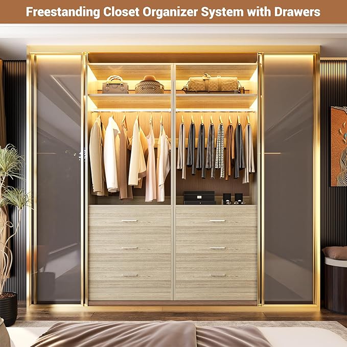 Closet System Set of 4, 8FT Closet Systems with 12 Wood Drawers, 96" Closet Organizer System with 4 Hanging Rods & 4 Shelves,Heavy Duty 96 Inch Walk-in Closet,White Oak (96"L x 15" W x 80" H)