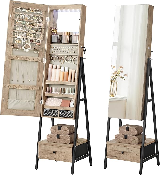 SONGMICS LED Mirror Jewelry Cabinet Standing, Lockable Jewelry Armoire with Full-Length Mirror, Space-Saving Jewelry Organizer with Mirror, Drawer and Shelf, Toasted Oak Color UJJC025N01