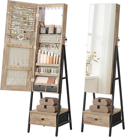 SONGMICS LED Mirror Jewelry Cabinet Standing, Lockable Jewelry Armoire with Full-Length Mirror, Space-Saving Jewelry Organizer with Mirror, Drawer and Shelf, Toasted Oak Color UJJC025N01