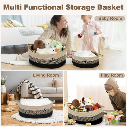 Dog Toy Basket, Toy Box and Bin for Dog Cat Storage, 19.7" X 11" X 7.9" (30L) Large Woven Rope Basket for Blanket Storage, Living Room, Bedroom, Black & Brown