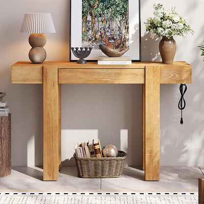 Rustic Minimalist Solid Wood Console Table with Hidden Drawer & Side Power Outlet – Entryway, Living Room, Home Office Furniture with 80mm Thick Legs & Spliced Tabletop Design (Natural)