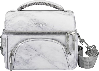 Bentgo Deluxe Lunch Bag - Durable and Insulated Lunch Tote with Zippered Outer Pocket, Internal Mesh Pocket, Padded & Adjustable Straps, & 2-Way Zippers - Fits Most Lunch Boxes (White Marble)