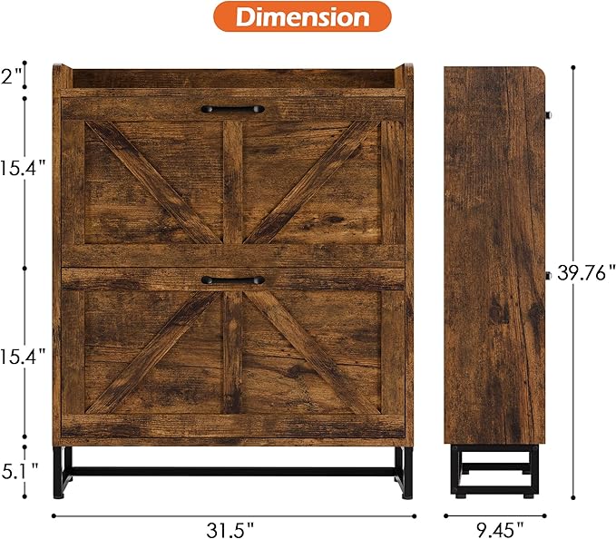 Betterhood Entryway Shoe Cabinet with 2 Flip Drawers, Farmhouse Slim Shoe Rack, Freestanding Hidden Shoe Organizer with Metal Legs, Shoe Cabniet for Entryway with Storage, Hallway, Foyer, Brown
