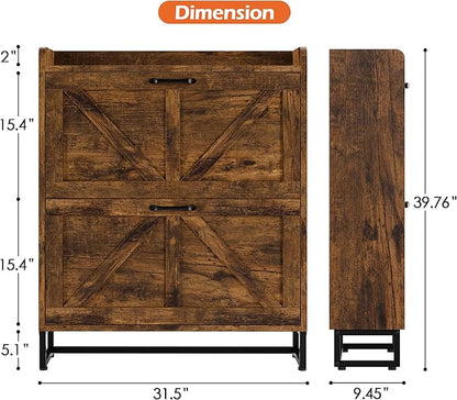 Betterhood Entryway Shoe Cabinet with 2 Flip Drawers, Farmhouse Slim Shoe Rack, Freestanding Hidden Shoe Organizer with Metal Legs, Shoe Cabniet for Entryway with Storage, Hallway, Foyer, Brown