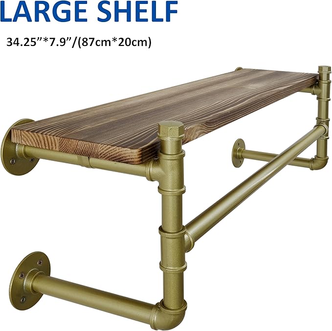 WEBI Wall Mounted Clothes Rack with Shelf,32" Industrial Pipe Clothing Rack with Shelf with Hanging Rod,Heavy Duty Iron Garment Rack Bar,Retail Display Clothes Rod for Laundry Room,Closet,Gold