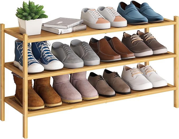 BMOSU 3-Tier Bamboo Extended Shoe Rack Premium Stackable Shoe Shelf Storage Organizer for Hallway Closet Living Room Entryway Organizer(Natural)