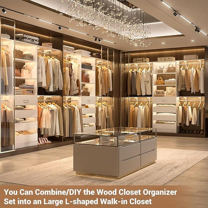 Aheaplus Closet System with Drawers Set of 2, Wood Closet Organizer System with 8 Hanging Rods & Top Shelves, Walk-in Closets Organizer Wardrobe Clothes Rack System, Cut Fits Spaces 4-9FT, White1