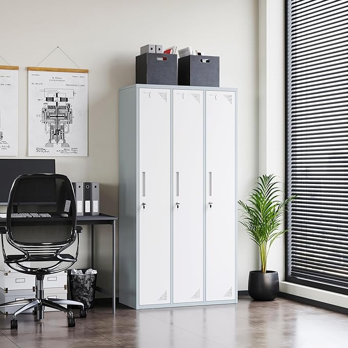 Letaya Metal Lockers for Employees，71" Employees Storage Cabinet with Lock, Steel Storage Locker for Gym, School, Home, Office Staff (Grey White, 3 Door)