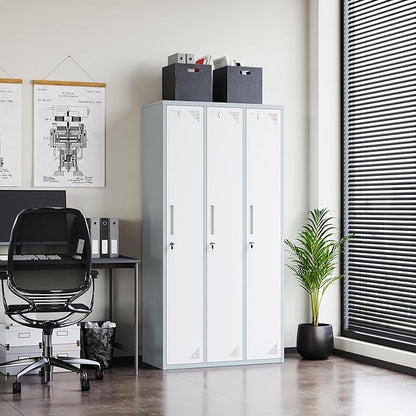 Letaya Metal Lockers for Employees，71" Employees Storage Cabinet with Lock, Steel Storage Locker for Gym, School, Home, Office Staff (Grey White, 3 Door)