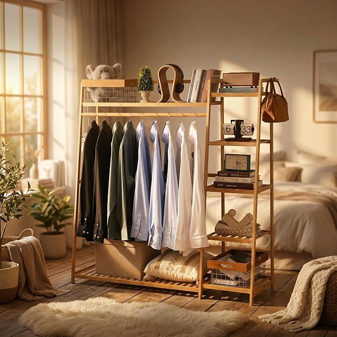 Bamboo Clothing Garment Rack 7 Tier Storage Shelf Coat Clothes Hanging Rack, Portable Wardrobe Closet Organizer With Top Shelf, Shoe Storage Shelves for Bedroom (Natural - 51.18 in)