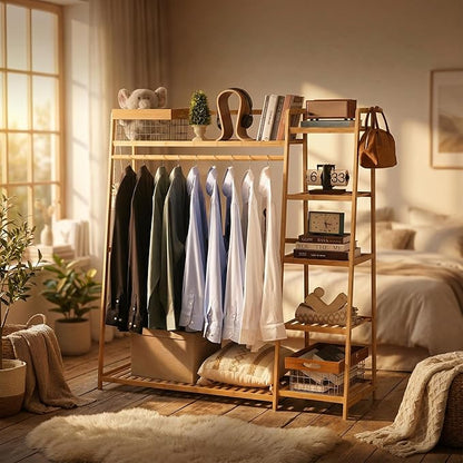Bamboo Clothing Garment Rack 7 Tier Storage Shelf Coat Clothes Hanging Rack, Portable Wardrobe Closet Organizer With Top Shelf, Shoe Storage Shelves for Bedroom (Natural - 51.18 in)