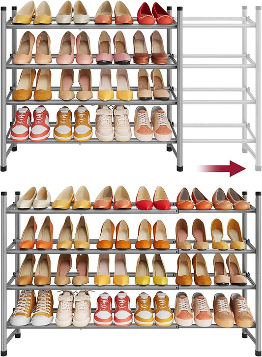 Tajsoon Expandable Shoe Rack for Closet 4 Tier, 29“-41“Adjustable & Stackable Shoe Shelf Storage, Metal Shoe Rack Organizer for Front Door Entrance, Closet, Garage, Entryway, Grey