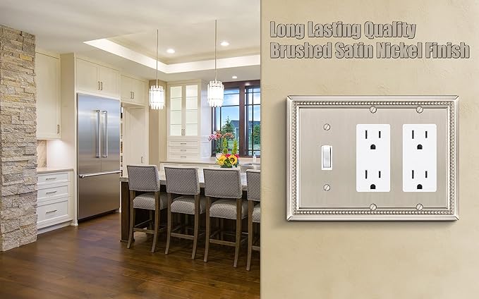 Henne Bery Sunken Pearls Heavy Duty Decorative Wall Plate Switch Plate Outlet Cover (Single Toggle/Double Decorator, Satin Nickel)