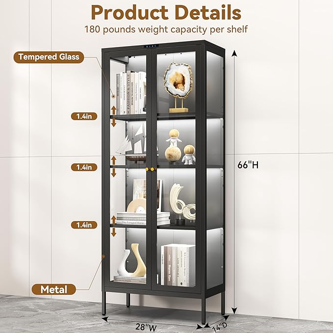Glass Display Cabinet with 8-Color LED Lights, Black Curio Cabinet with Glass Doors, 66 Inch Tall Display Case for Collectibles, Metal Storage Cabinet for Living Room, Assembly Required