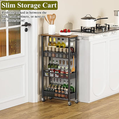 Utility Slim Storage Cart, 4 Tier Small Rolling Kitchen Laundry Room Cart with Wood Top, Metal Narrow Bathroom Storage Cabinet Mobile Shelf Unit Organizer Trolley with Handle for Narrow Space
