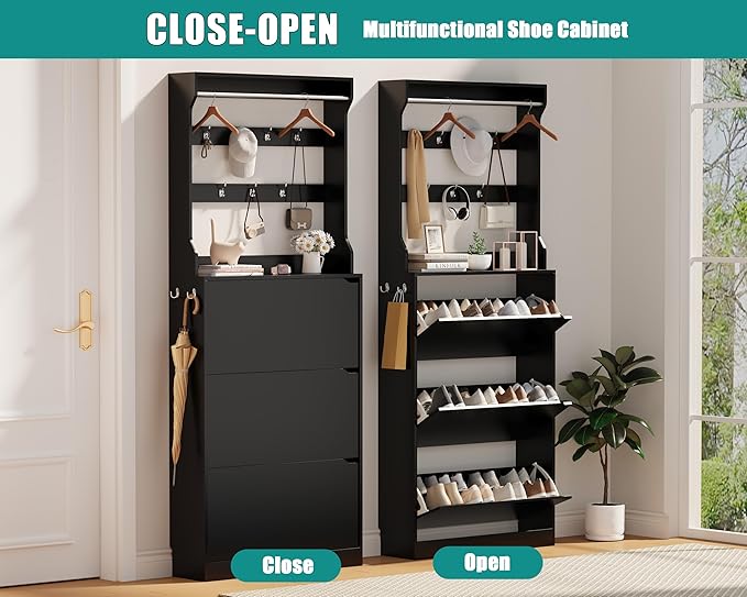 Shoe Cabinet for Entryway with 3 Flip Drawers, Black Tall Wood Shoe Storage Cabinet with Coat Rack, Narrow Hidden Slim Freestanding Shoe Rack Organizer, 2 in 1 Hall Tree for Living Room, Hallway