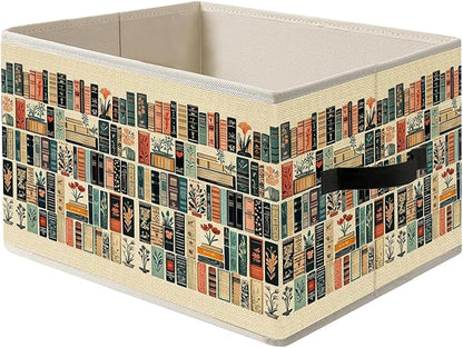Vintage Book Lovers Storage Bin Box with Handles, Retro Bookish Foldable Organizer Basket Toybox for Reading Corner Room Library Bedroom Bathroom Home Clothes Toys Books