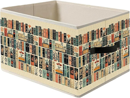 Vintage Book Lovers Storage Bin Box with Handles, Retro Bookish Foldable Organizer Basket Toybox for Reading Corner Room Library Bedroom Bathroom Home Clothes Toys Books