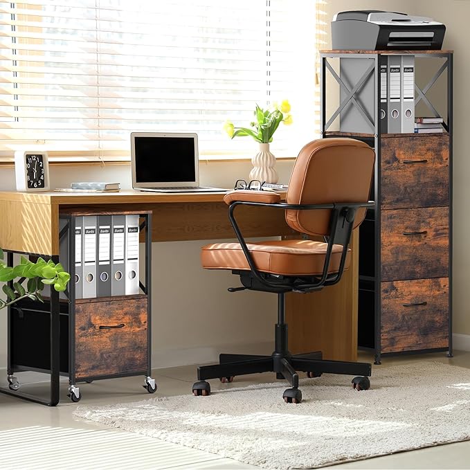 1 Drawer File Cabinet, Vertical Filing Cabinets for Home Office, Drawer with Adjustable Hanging Rail, A4/Letter Size Hanging File Folders, Open Shelf, Mobile Under Desk Storage, Rustic Brown