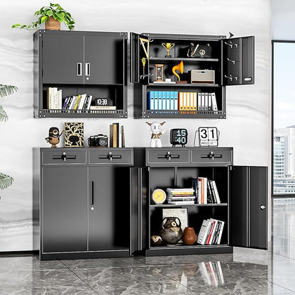 INTERGREAT Metal Storage Cabinet with 2 Drawers, 36" H Metal Cabinets with Doors and Shelves, Garage Cabinet with Lock for Home Office, Garage, School, Apartment,Warehouse,Black