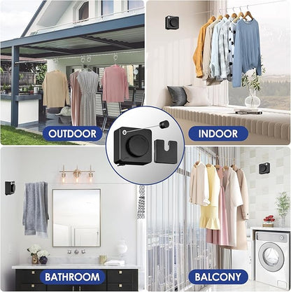 Retractable Clothesline Indoor, Non-Sagging Clothes Line Retracting Outdoors,15.6Ft Heavy Duty Clothes Drying Laundry Line, Wall Mounted Clothesline with 5pcs Stainless Steel Hooks (Black)