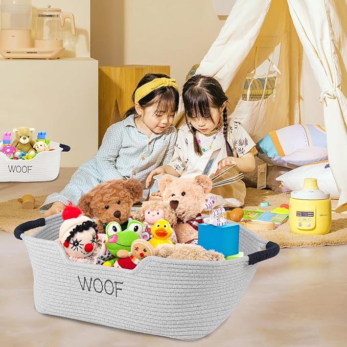 2 Pack Dog Toy Baskets,Pet Rope Basket for Dog Cat Toys,Dog Toy Bin with Handles,Woof Puppy Toy Storage Basket,Puppy Bed,Dog Stuff Organizer for Toys,Collar,Leash,Nursing Supplies-Beige+Gray