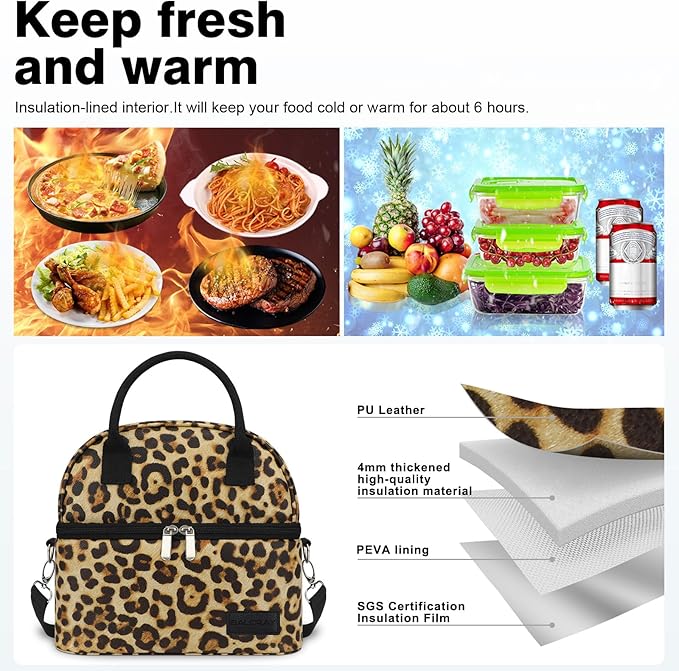 BALORAY Lunch Bag for Women Men, Double Deck Lunch Box for Adults, PU Leather Lunch Tote Bag Insulated Lunch Bags with Strap for Work Office Picnic (leopard with strap)