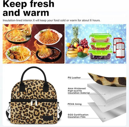 BALORAY Lunch Bag for Women Men, Double Deck Lunch Box for Adults, PU Leather Lunch Tote Bag Insulated Lunch Bags with Strap for Work Office Picnic (leopard with strap)