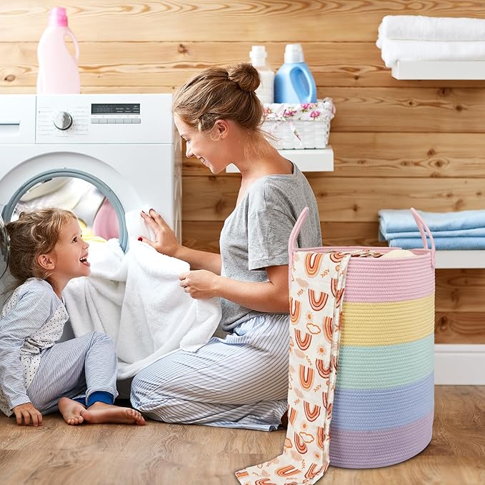 Rope Laundry Basket Hamper for Kids Girl Woven Storage Basket for Living Room Bedroom Boho Tall Baskets for Blanket Toys Pillow Towels Baby Nursery Hamper Bin rainbow Large