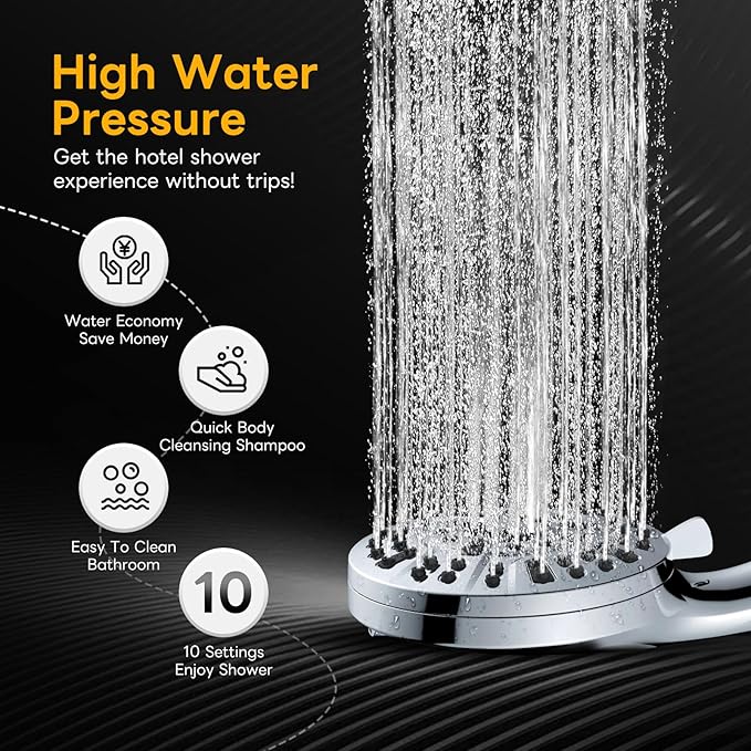 High Pressure 10 Ways Handheld Shower Head Chrome- Anti-clog Nozzles, Built-in Power Wash to Clean Tub, Wall & Overhead Brackets,Magnetitc Rainfall Shower Wand,Built-in 2 Power Jet