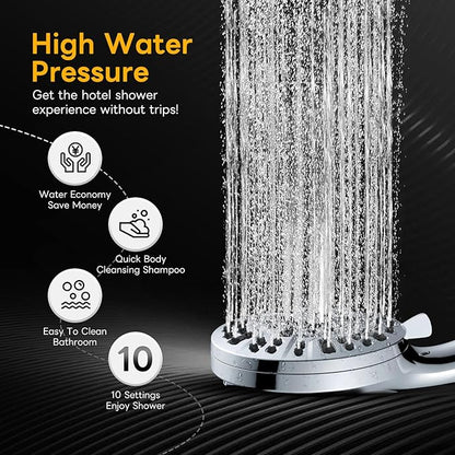 High Pressure 10 Ways Handheld Shower Head Chrome- Anti-clog Nozzles, Built-in Power Wash to Clean Tub, Wall & Overhead Brackets,Magnetitc Rainfall Shower Wand,Built-in 2 Power Jet
