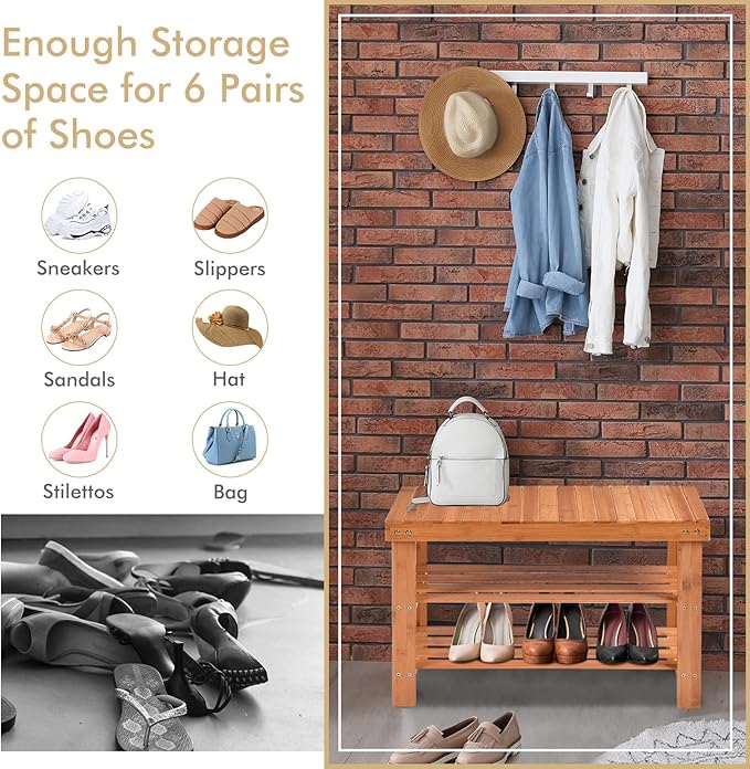 COSTWAY Bamboo Shoe Rack Bench 3-Tier Free Standing Wood Shoe Storage Organizer Shelf Holder Home Entryway Hallway Furniture Eco-Friendly (Natural)