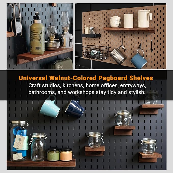4-Pack Small Pegboard Shelves Compatible with IKEA Skadis Pegboard - 4''x4'' Walnut Wood Finish, Ready-to-Hang Display Shelves