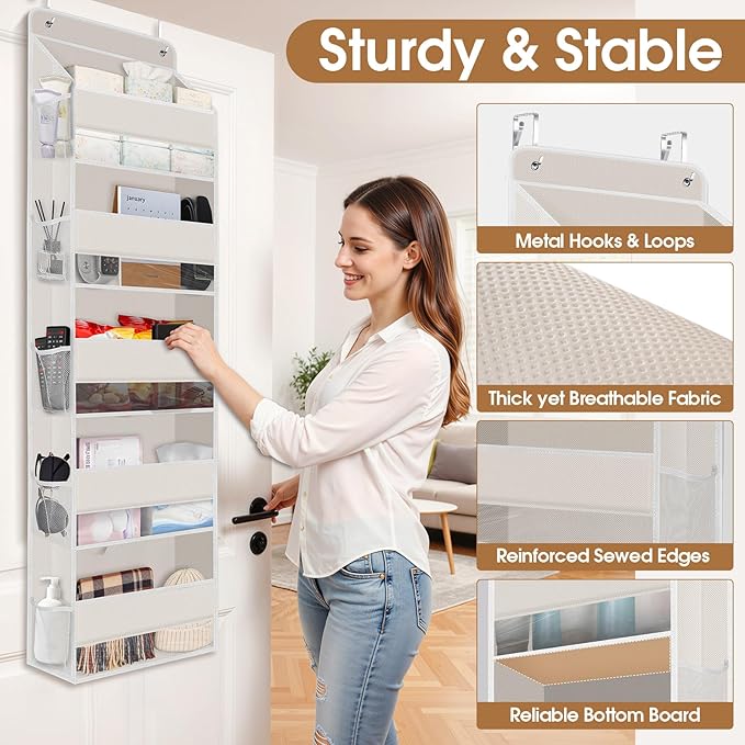 WISELIFE Over The Door Organizer Storage with 5 Large Pockets Door Hanging Organizer with Clear Windows behind The Door Storage for Nursery Bedroom Bathroom Pantry Closet and Baby Essentials Beige