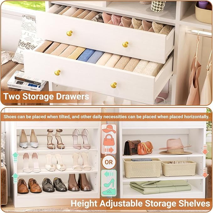 Closet System - 5FT Closet System with Drawers, 60"Closet Organizer System with 2 Hanging Shelving, Reversible Wall-mount Closet Systems for Walk-in Closets Area, White
