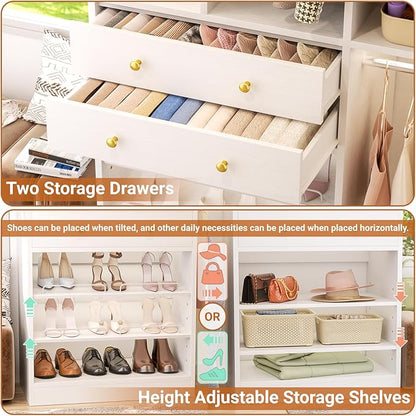 Closet System - 5FT Closet System with Drawers, 60"Closet Organizer System with 2 Hanging Shelving, Reversible Wall-mount Closet Systems for Walk-in Closets Area, White